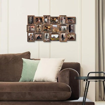 J.M.Deco Collage Picture Frames for Wall Decor, 18-Opening Reunion Family Friends Picture Frame Set, 4 x 6 Photo Frames for Living Room, Gallery Puzzle Collage Wall Hanging, Vintage Gold