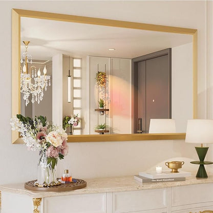 Amorho Bathroom Mirror, 60x36 Inch Golden Thick Metal Framed Wall Mirrors for Over Sink, Wall-Mounted Mirrors Perfect for Bedroom, Living Room, Entryway, Rectangle (Horizontal/Vertical).
