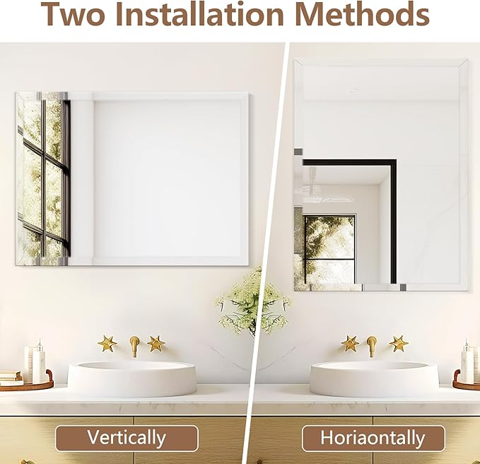 24x32 Inch Rectangle Frameless Mirror, Beveled Bathroom Mirror, Frameless Wall Mirror with 1" Beveled Edge for Bathroom Vanity, Entryway, Living Room