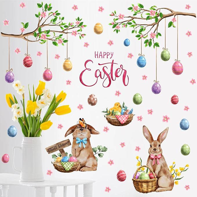 Happy Easter Wall Stickers Bunny Decals for Wall Decroation Easter Eggs Tree Branch Wall Decal Peel and Stick Easters Window Decals Spring Rabbit Sticker for Living Room Bedroom Nusery Supplies