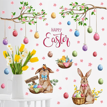 Happy Easter Wall Stickers Bunny Decals for Wall Decroation Easter Eggs Tree Branch Wall Decal Peel and Stick Easters Window Decals Spring Rabbit Sticker for Living Room Bedroom Nusery Supplies