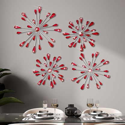 Hicarer 4 Pcs Starburst Wall Decor Bling Wall Art Crystal Teardrop 3D Hanging Rhinestone Radial Metal Artwork Modern Accent Sculptures Decorations for Living Room Home Office Bedroom (Red)
