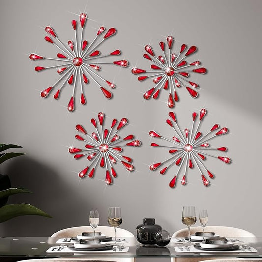 Hicarer 4 Pcs Starburst Wall Decor Bling Wall Art Crystal Teardrop 3D Hanging Rhinestone Radial Metal Artwork Modern Accent Sculptures Decorations for Living Room Home Office Bedroom (Red)