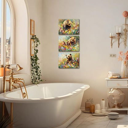 sechars Bear Wall Art Canvas Bears in Wildflower Meadow Picture Print Wildlife Paintings Farmhouse Kitchen Decor