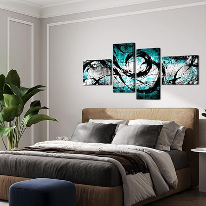 KREATIVE ARTS 4 Panel Turquoise Decor for Living Room Large Size Teal Wall Art Blue Grey Black Wall Decoration Canvas Print Modern Abstract Painting L68xH32inch (Blue)
