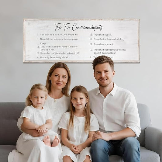 The Ten Commandments Rustic Bible Verse Framed Wall Sign For Family Living Room Kitchen Farmhouse Dining Room Vintage Boho Wall Art Decoration For God Jesus Christ Prayer, 40 x 15 Inch, White