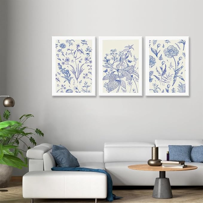 LYPHNX Framed Blue White Chinoiserie Floral Canvas Wall Art Navy Watercolor Flower Painting Posters Set of 3 Minimalist Botanical Wildflower Prints Picture Home Decor for Bedroom Living room 12"x16"