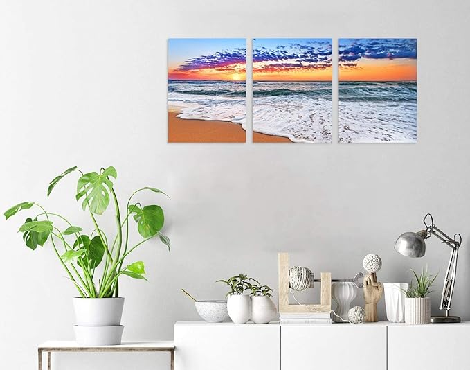 TutuBeer 3 Panels Beach Decor for Home Beach Art Colorful Ocean Kitchen Decor Sunrise Sea Wall Decor for Home Sea Wall Art Ocean Room Decor Wall Decor 16" x 32" x 3 Pieces