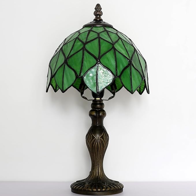 Tiffany Style Lamp Stained Glass Table Lamp 8 x 14.5 Mini Accent Light Green Maple Leaf Design Small Decorative Bedside Reading Memory Lamp