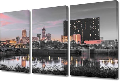 TUMOVO Indianapolis Indiana City Skyline Canvas Paintings Wall Art 3 Panel Skyscrapers Wall Decor for Living Room, Bedroom, Bathroom, Office. House Decor Framed Ready to Hang (36" Wx24 H)