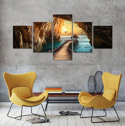 Yatsen Bridge 5 Panels Seascape Wall Art for Living Room Sunset and Seagulls Landscape Pictures Canvas Prints Artwork Modern Beach Home Decor Wooden Framed Ready to Hang - 50''W x 24''H