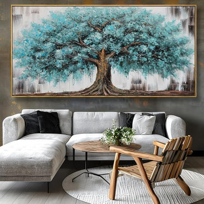 Wall Art Tree of Life Abstract Modern Artwork Blue Teal Tree Canvas Painting for Bedroom Living Room Office Large Decor 24"x48" with Framed