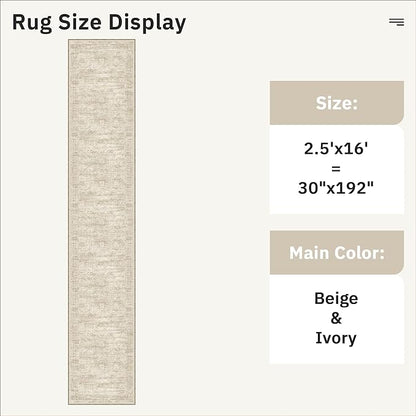 Soalmost Runner Rug 2'6" x 16' Washable Non-Slip 2.5x16 ft Long Runner Rugs for Kitchen Bathroom Laundry Room Vintage Ultra Thin Runners for Hallway Entryway Beige