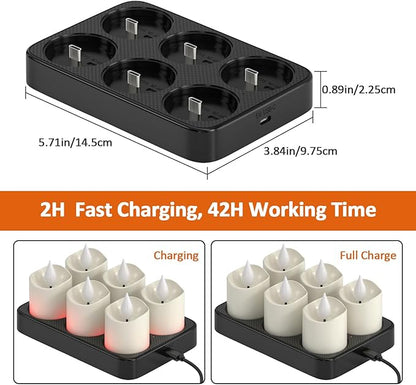 Yme Rechargeable Tea Lights Candles with Charger Storage Base, 6 Pack Battery Operated LED Flameless Votive Candles with Remote Timer for General Room Home Lantern Weddings Emergency Party Decor
