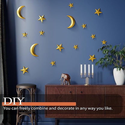 MidModArt 6PCS Mid Century Modern 3D Star Wall Art Gold Retro Starburst Sculptures Vintage Celestial Home Decor, Gold Moon