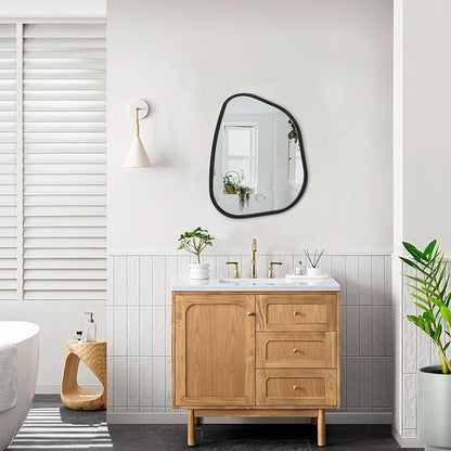 Asymmetrical Small Wall Mirror Irregular Wood Frame Modern Unique Accent Wall Mirror Decorative Vanity Bathroom Living Room Bedroom Entryway Hallway Artistic Wavy Mirror Small 16"x12"