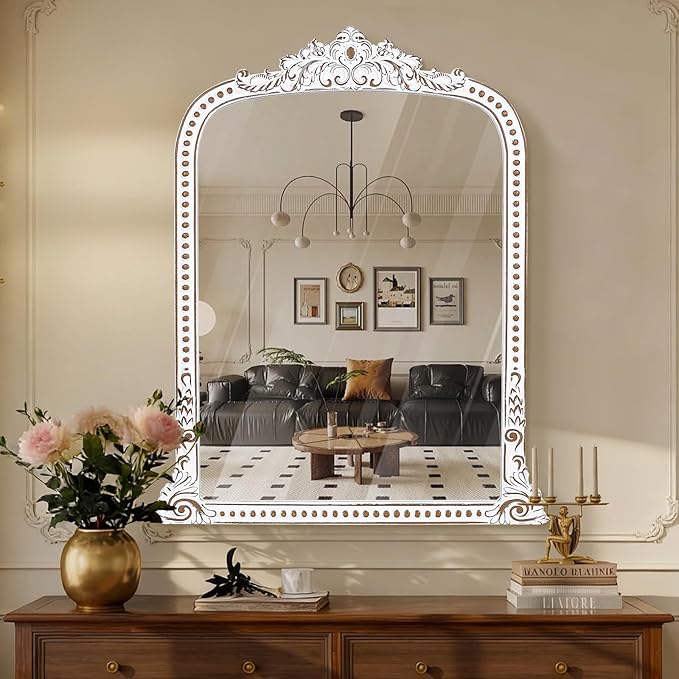 HOITUZYUS Ornate Baroque Statement Mirror: 42x34 Inch Wooden Arched Wall Mirror, French Vintage Decorative Mirrors for Entryway, Fireplace Mantel, Living Room, Bathroom