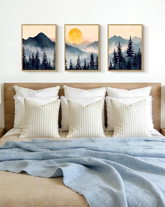 PHOPAGO Blue Fog Pine Tree Mountain Landscape Framed Wall Art Retro Watercolor Nature Misty Forest Artwork Paints Sun Rise Rustic Farmhouse Home Decor - 11x14in Natural Framed