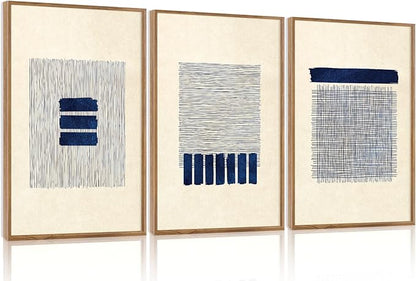 Aurlan Boho Christian Line Art Framed Wall Decor(16"x24"), 3PCS Minimalist Jesus Leavs the 99 Sheep Lamb Bible Story Canvas Artwork, Neutral Abstract Beige Navy Blue Religious Painting for Bedroom Living Room