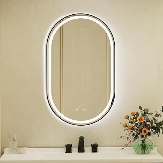 24x40 Inch Oval Black Framed LED Bathroom Mirror with Lights, Wall-Mounted Mirror with Anti-Fog, 3 Color Temperature, Dimmable Brightness, Waterproof, Tempered Glass, Frontlit & Backlit