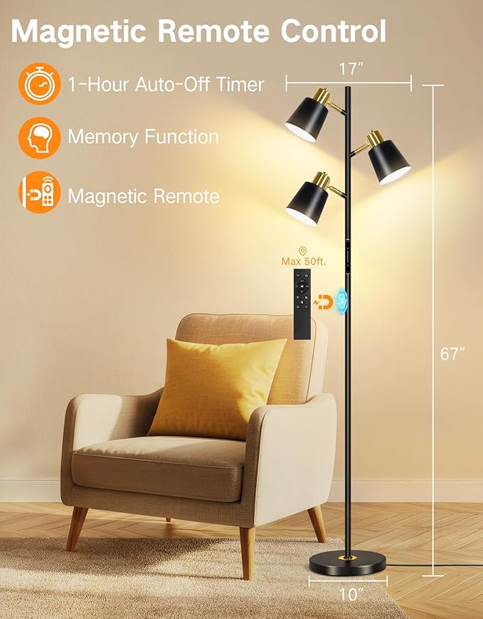 OUTON Tree Floor Lamp, LED Dimmable Floor Lamp with Remote And Touch Slide Control, 4 Color Temperatures, 3 Rotatable Lights, Modern Standing Lamp for Living Room Bedroom Office, Bulbs Included, Black
