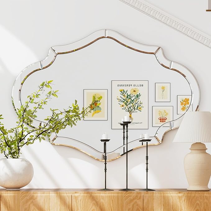 55"x35" Large Mirror for Wall with Beveled Scalloped Corner, Modern Elegant Decorative Mirror for Living Room, Large Wall Mirrors for Entryway Hallway, Hang Horizontally or Vertically