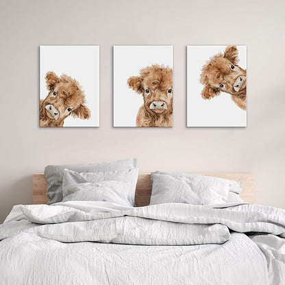 AOYUSMO 3 Piece Cute Highland Cow Canvas Wall Art Nursery Funny Animal Framed Wall Art Baby Cow Pictures Wall Decor Kids Animals Art Prints for Children's Room Bedroom 16"x24"