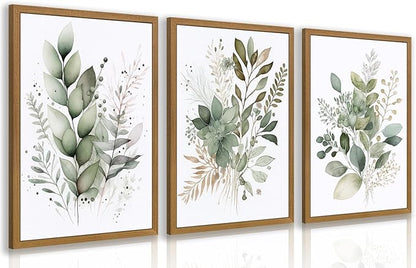 HLXRAE Watercolor Botanical Wall Art Set of 3, Neutral Sage Green Bathroom Wall Decor, Modern Floral Canvas Paintings, Minimalist Farmhouse Poster Prints for Bedroom Living Room Wood Framed 12x16 Inch