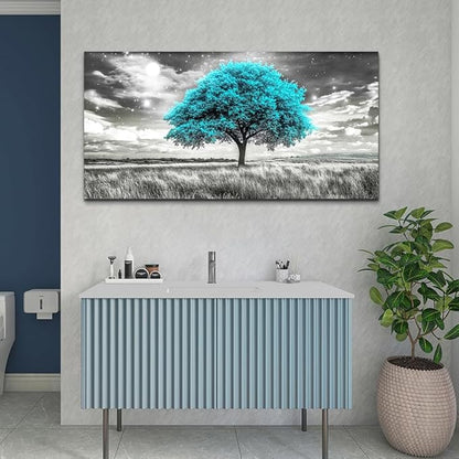 KELIYUAN Modern Canvas Print Wall Art Blue Tree Painting Full Of Stars Black And White Art pictures Natural Landscape Wall Decoration Suitable For Living Room Bedroom Office Framed Stretch 20x40 In