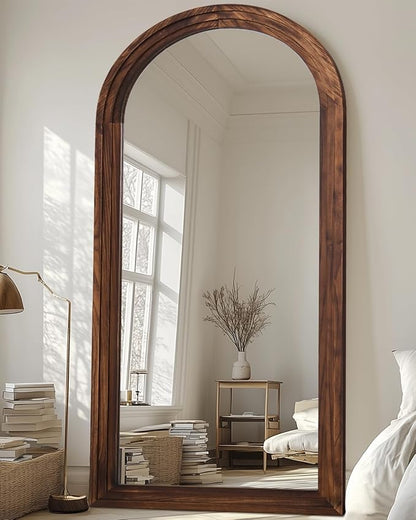 Full Length Mirror, 76"x34" Wooden Mirror Full Length with Stand Wood Floor Mirror, Oversized Stand Up Mirrors Large Wall Mirrors, Wall Mounted Mirrors, Arched Wood Style, Walnut