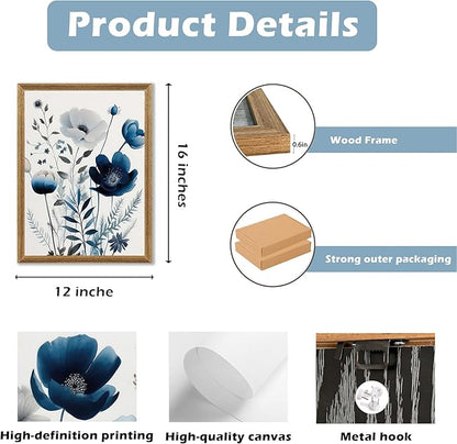 DUWQU 3 Pcs Blue Floral Canvas Wall Art, Wood Framed Navy Blue Wildflower Lily Daisy Wall Decor, Watercolor Botanical Flower Home Poster Art Prints for Living Room Bedroom Bathroom 12×16 Inches