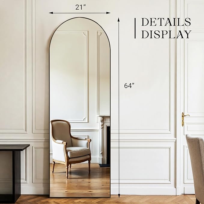 MISSDAY 64"x21" Arched Full Length Mirror, Full Body Mirror with Stand, Floor Mirror Long Free Standing, Leaning or Hanging, Aluminum Thin Frame Wall-Mounted Mirrors Wall Mirrors for Bedroom, Black