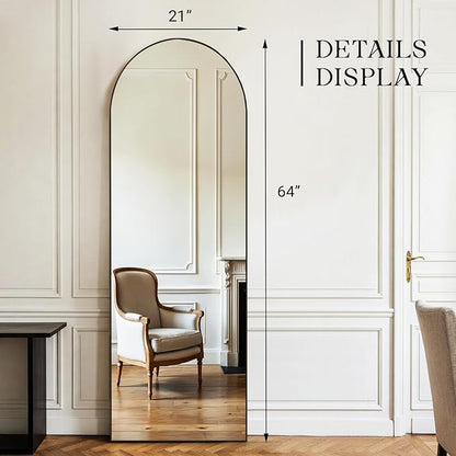 MISSDAY 64"x21" Arched Full Length Mirror, Full Body Mirror with Stand, Floor Mirror Long Free Standing, Leaning or Hanging, Aluminum Thin Frame Wall-Mounted Mirrors Wall Mirrors for Bedroom, Black