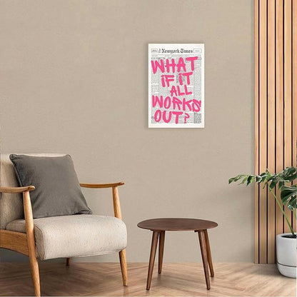 Drimiler Retro Newspaper Pink Font Poster What If It All Works Out Canvas Wall Art Positive Affirming Quote Minimalist Prints Painting For Home Bedroom Dorm Wall Decor 8x12in Wframed