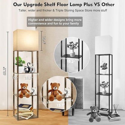 RUNTOP Plus Floor Lamp with Shelves, Modern Shelf Floor Lamp with 15W 3CCT LED Bulb and Memory Function, Wide Shelf Lamp for Display Storage, Standing Lamps for Living Room, Bedroom, Office, Corner