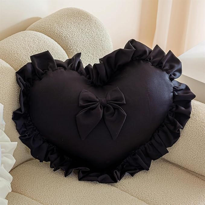 MOJUN Black Heart Pillow, Soft Heart Shaped Pillow with Bow Ruffle Design Love Room Decor Pillows for Sofa Bed Chair Cute Heart Shaped Throw Pillow Cushion for Bedroom Living Room