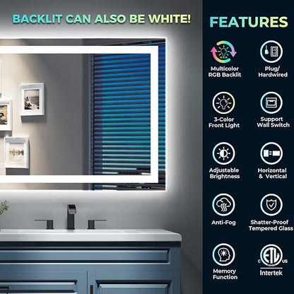60x40 Inch RGB LED Bathroom Mirror Front Light and RGB Backlit Lighted Vanity Mirror for Bathroom Wall Mounted Dimmable Anti Fog Memory Shatter-Proof IP54 Waterproof Horizontal/Vertical