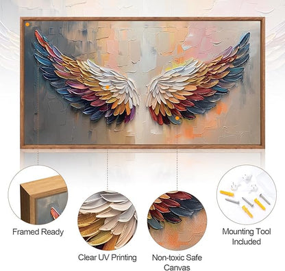Aurlan Angel Wings Framed Wall Decor(40"x20"), Large Abstract Colorful Feather Oil Painting Canvas Artwork, Modern Contemporary Inspirational Wall Art for Living Room Bedroom