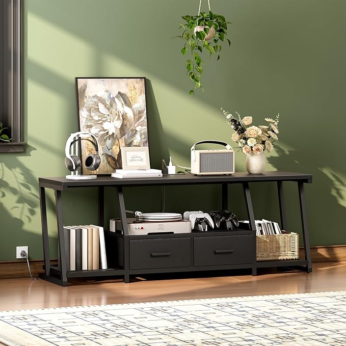 RALGEND LED TV Stand for 75 Inch TV, Entertainment Center with Open Shelves and Power Outlets, TV Console Table with Fabric Drawers, Media Console for Living Room, Bedroom, Black