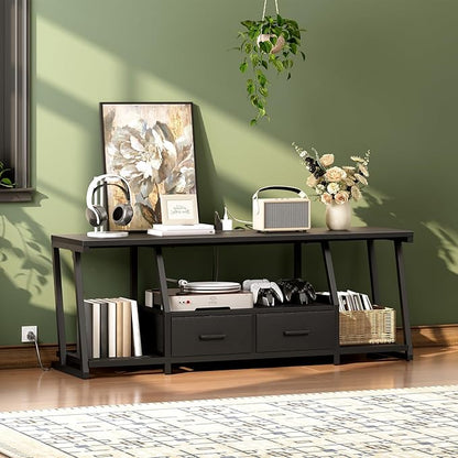 RALGEND LED TV Stand for 75 Inch TV, Entertainment Center with Open Shelves and Power Outlets, TV Console Table with Fabric Drawers, Media Console for Living Room, Bedroom, Black