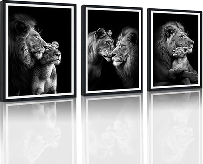 3 Pieces Wildlife Lion Family Framed Canvas Wall Art Black and White Animals Picture Wall Decor for Farmhouse African Animals Print Artwork for Office Nursery Decoration Easy to Hand 16x24inchx3pcs
