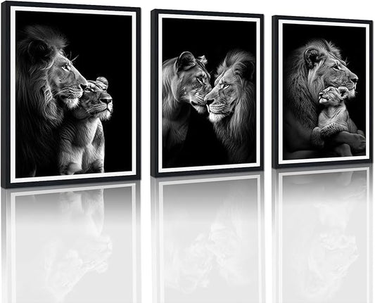 3 Pieces Wildlife Lion Family Framed Canvas Wall Art Black and White Animals Picture Wall Decor for Farmhouse African Animals Print Artwork for Office Nursery Decoration Easy to Hand 16x24inchx3pcs