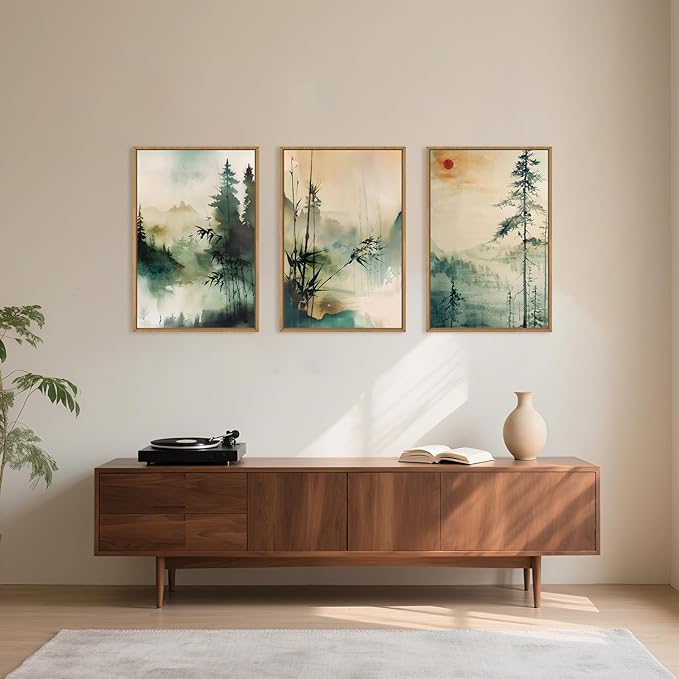 Chinoiserie Nature Framed Canvas Wall Art Set, Mountain and Forest Landscape Painting, Natural Bamboo Pine Tree Lakes Wall Decor for Living Room, Bedroom, Dining Room, Office - 24"x36"x3