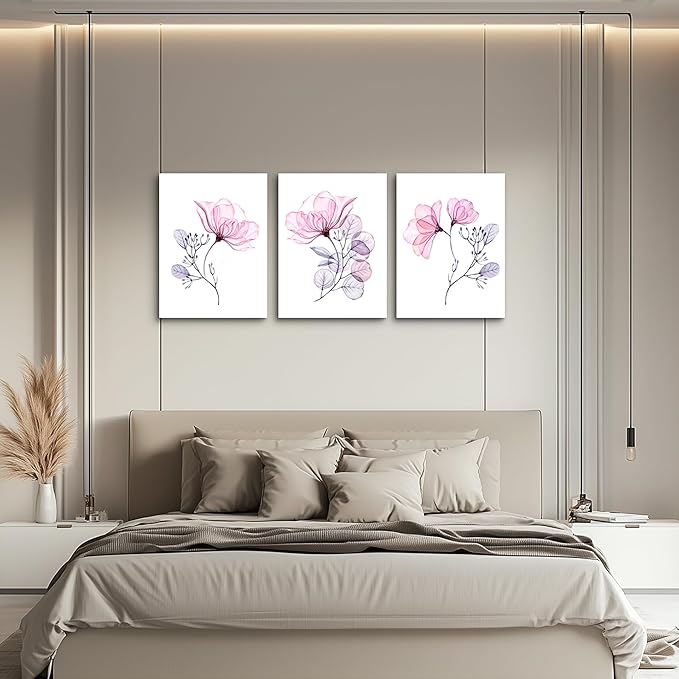 3 Piece Modern pink red Flowers Canvas Wall Art for Bedroom Living Room decor,Bathroom Wall Decor,3 Panels framed Wall Watercolor Painting Kitchen Home Decoration Canvas Print Artwork Wall Mural