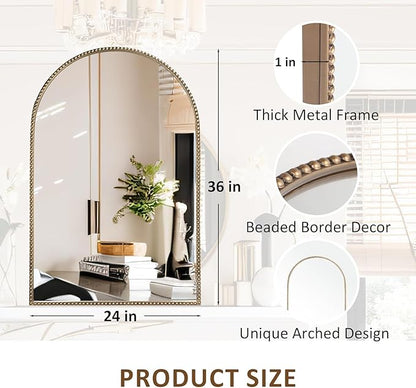 Arched Wall Mirror 24" x 36",Antique Gold Metal Beaded Frame, Decorative Accent Mirror for Bathroom, Living Room, Entryway & Bedroom
