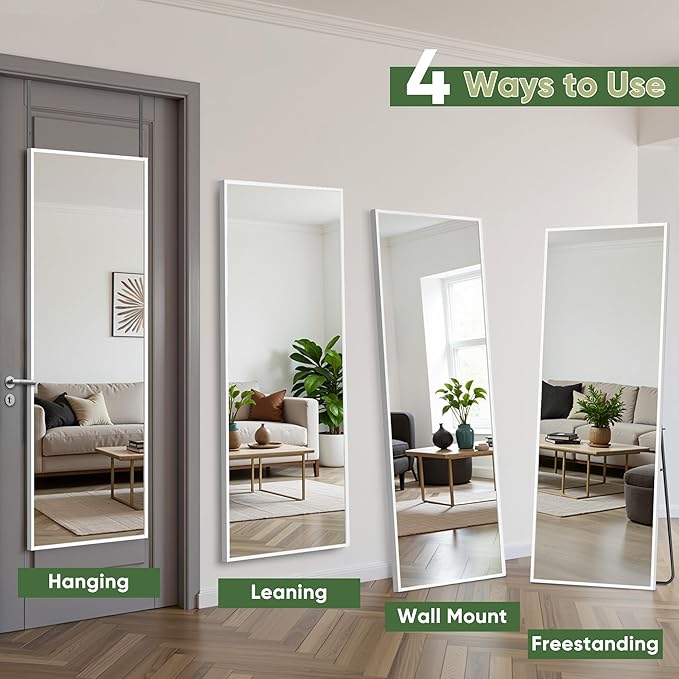 Suidia Full Length Mirror Over the Door&Wall Mounted, 48"x14" Door Mirror with Aluminum Alloy Frame, HD Shatterproof, No-Drill, Hanging Mirrors for Bedroom, Bathroom, Dorm, Closet, Rect, White
