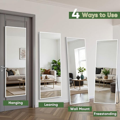 Suidia Full Length Mirror Over the Door&Wall Mounted, 48"x14" Door Mirror with Aluminum Alloy Frame, HD Shatterproof, No-Drill, Hanging Mirrors for Bedroom, Bathroom, Dorm, Closet, Rect, White