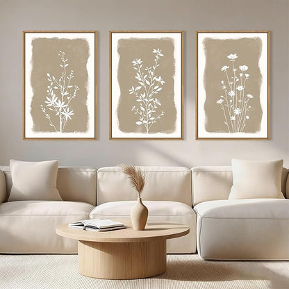 Aryroi Neutral Beige Floral Silhouette Framed Canvas Wall Art Set,Modern Boho Minimalist Botanical Wildflower Wall Decor,Vintage Natural Creamy Flower Artwork for Living Room,Farmhouse-16 x24 x3