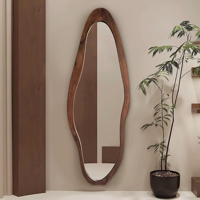 Irregular Full Length Mirror, 67"x24" Wooden Farmhouse Full Body Mirror, Large Asymmetrical Wall Mirrors for for Living Room Entryway Bedroom, Horizontal/Vertical, Woodgrain Brown