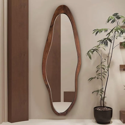 Irregular Full Length Mirror, 67"x24" Wooden Farmhouse Full Body Mirror, Large Asymmetrical Wall Mirrors for for Living Room Entryway Bedroom, Horizontal/Vertical, Woodgrain Brown